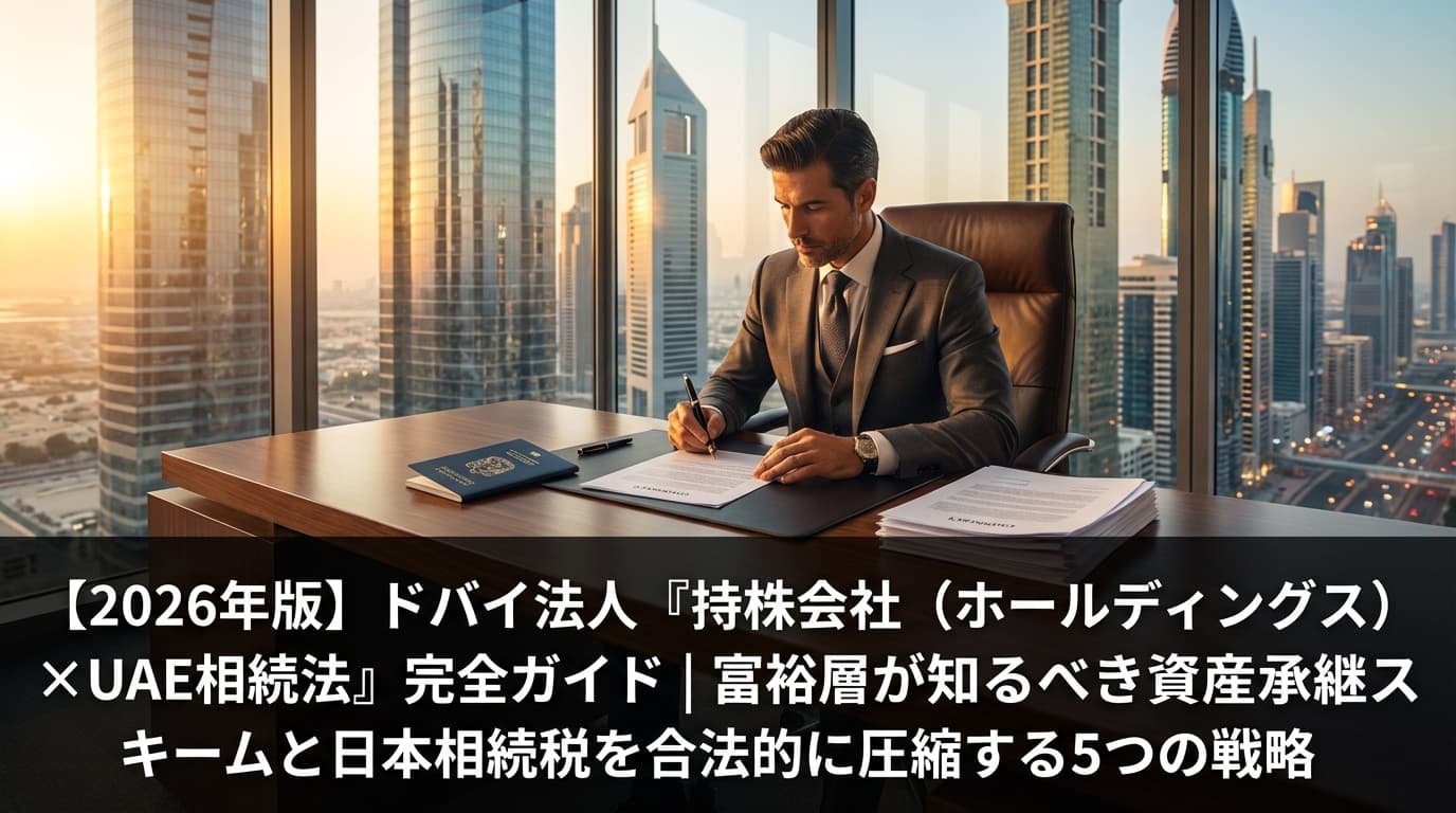 ドバイDIFCの高層ビル群を背景に、ゴールデンアワーの光が差し込む高級オフィスでビジネスマンがUAEパスポートと法律文書とともに署名している場面