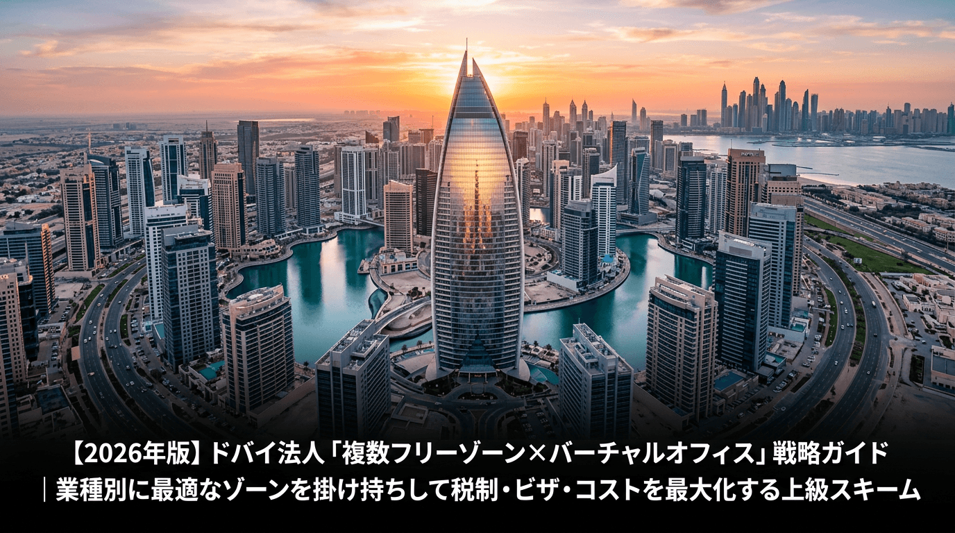 ドバイJLTエリアのDMCC高層ビル群と夕暮れのパノラマ風景