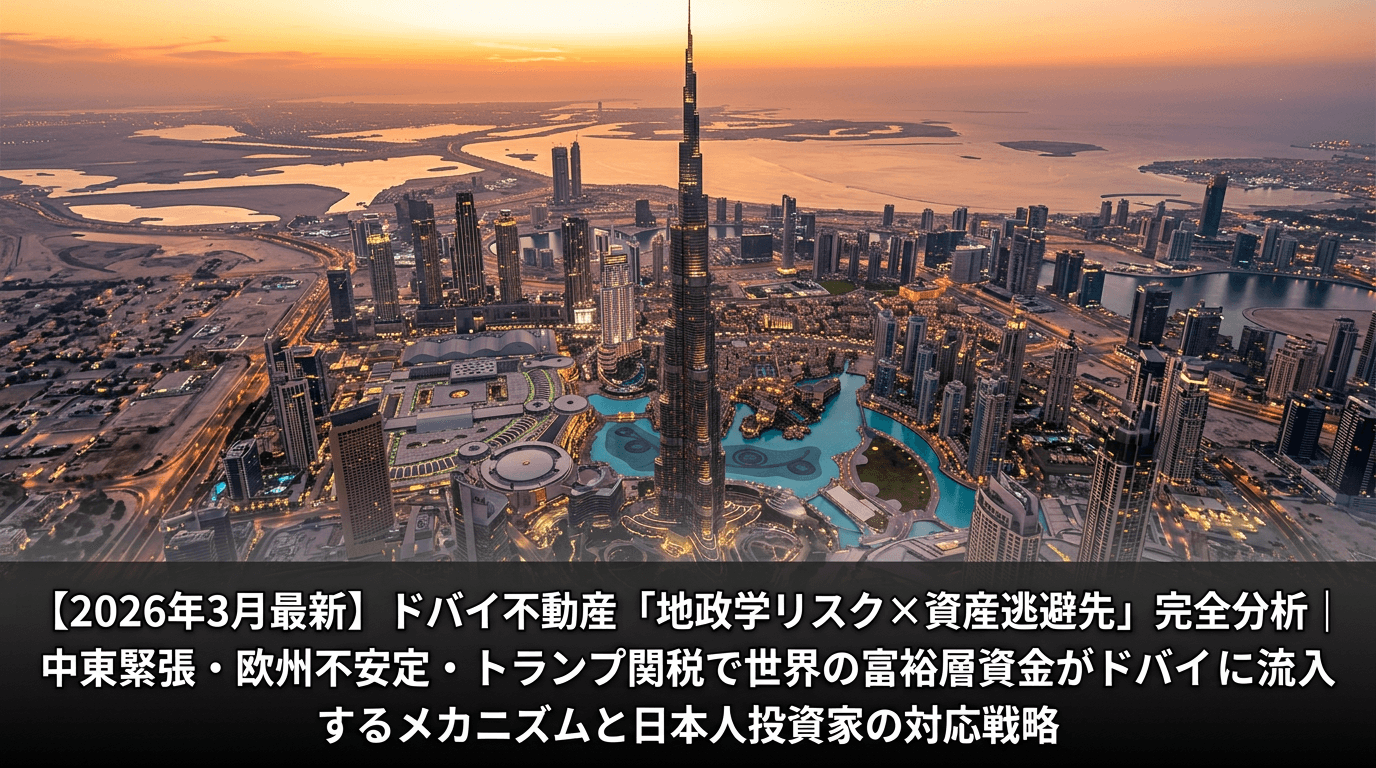 夕暮れ時のドバイスカイライン。バージュ・ハリファを中心にダウンタウンからマリーナまでの超高層ビル群がペルシャ湾に映り込む、地政学リスクと資産逃避先としてのドバイを象徴する壮大なパノラマ
