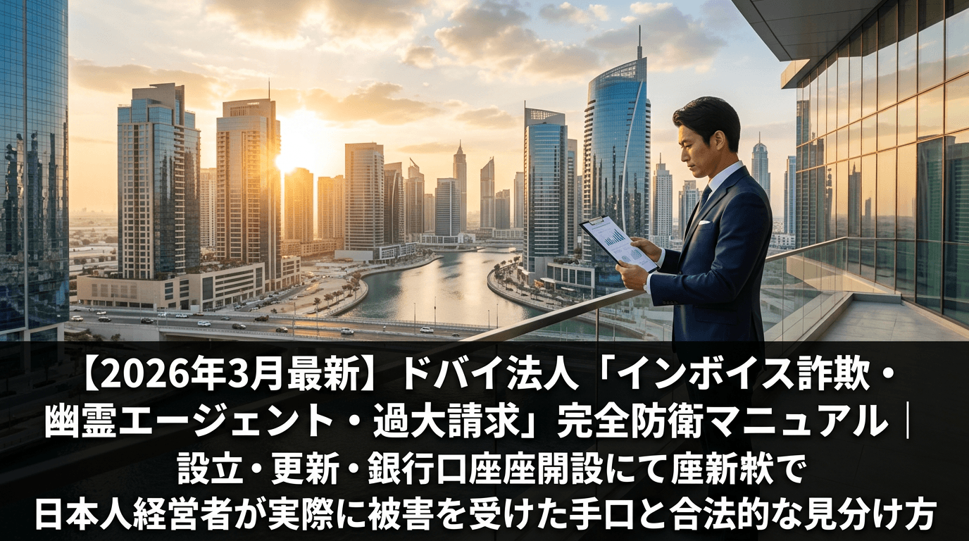 ドバイ・ビジネスベイエリアの高層オフィスビル群とタブレットで書類を確認するビジネスマン