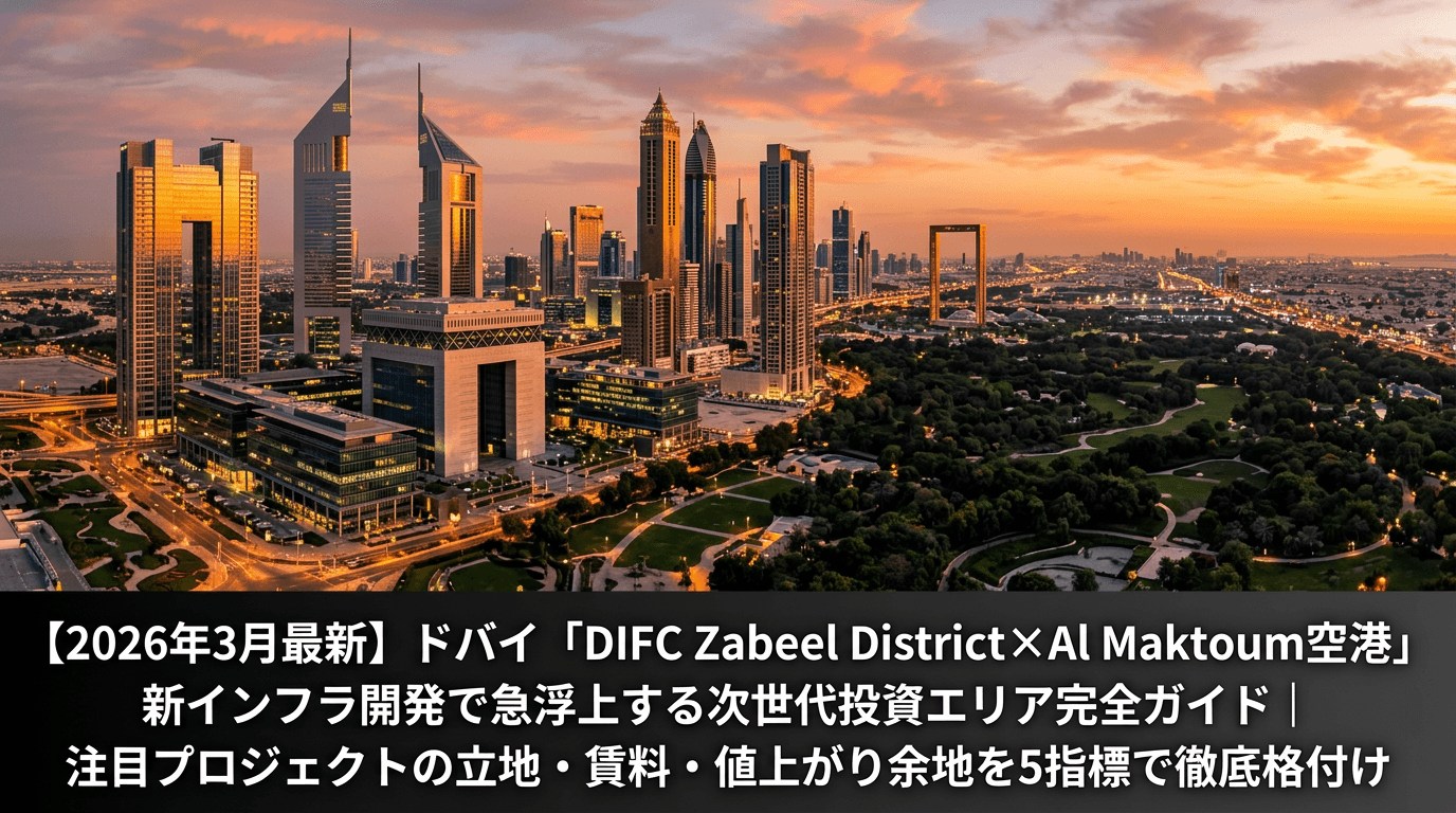 夕暮れ時のドバイDIFCエリアの高層ビル群とZabeel Park方面の緑地帯のパノラマ