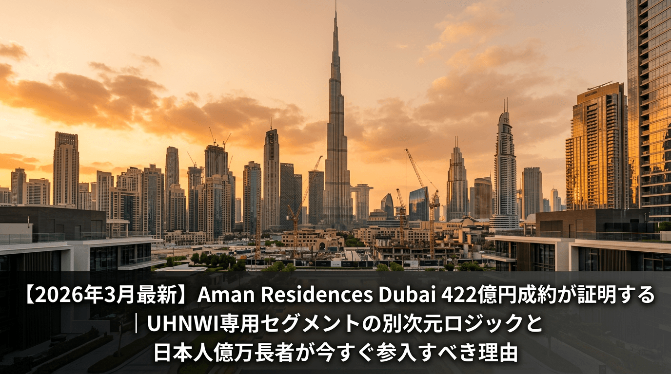 ドバイ・ダウンタウンの夕暮れ時、ブルジュ・ハリファを背景にした超高級レジデンス群のパノラマ