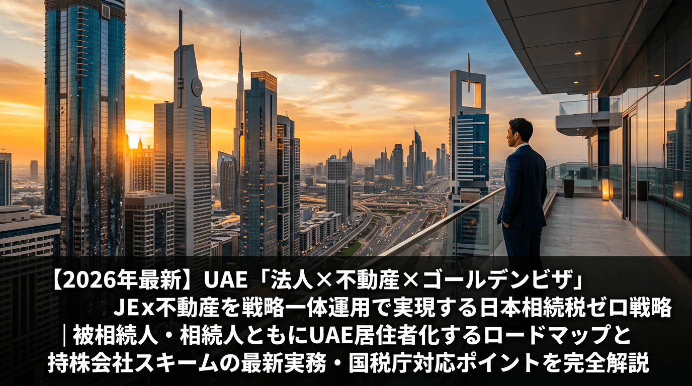 ドバイDIFC(国際金融センター)のガラス張り高層ビル群を背景に、スーツ姿のビジネスマンがテラスから街を見下ろしている夕暮れの風景