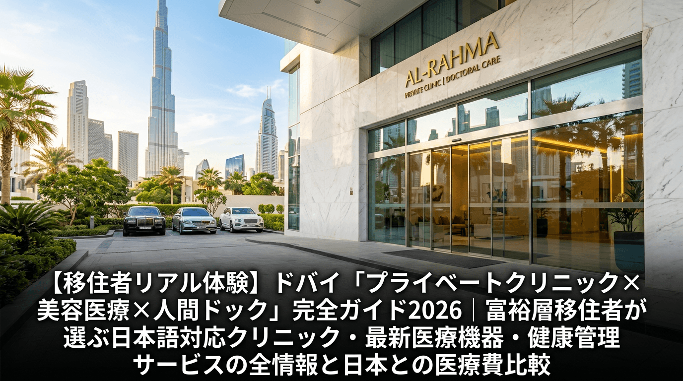 ドバイ・ダウンタウンにある近代的なプライベートクリニックのエントランス。白い大理石のロビーとガラス張りの自動ドアが見え、背景に高層ビル群が映る