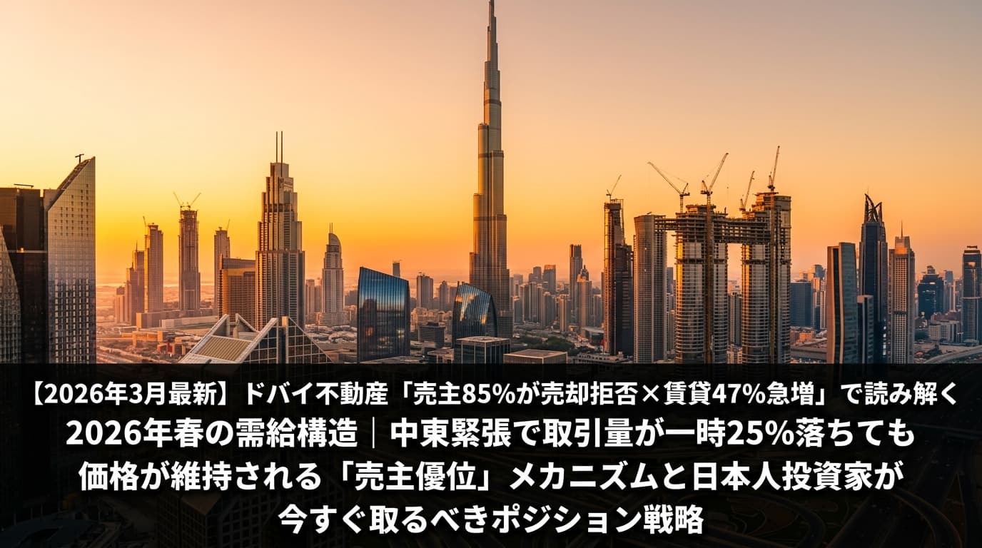 【2026年3月最新】ドバイ不動産「売主85%が売却拒否×賃貸47%急増」で読み解く2026年春の需給構造|中東緊張で取引量が一時25%落ちても価格が維持される「売主優位」メカニズムと日本人投資家が今すぐ取るべきポジション戦略