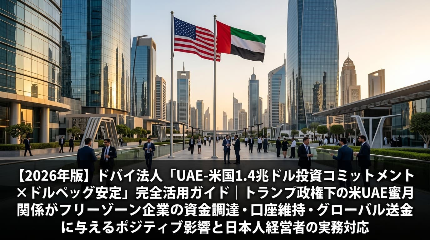 ドバイ国際金融センター(DIFC)のガラス張り高層ビル群とアメリカ・UAE両国旗、ビジネスマンたち