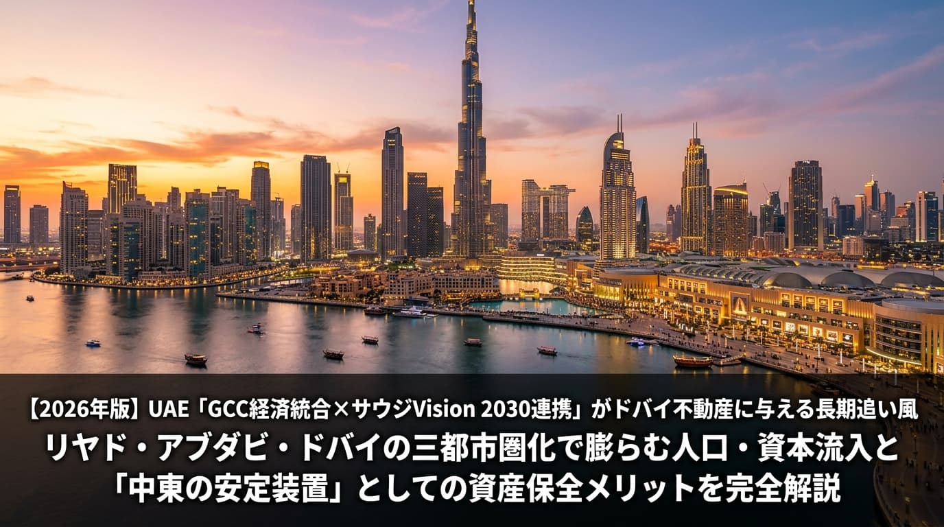 ゴールデンアワーの夕暮れにドバイ・ダウンタウンのスカイラインが輝き、ブルジュ・ハリファと超高層ビル群が暖色の光に照らされている。手前はドバイ・クリークのウォーターフロント。