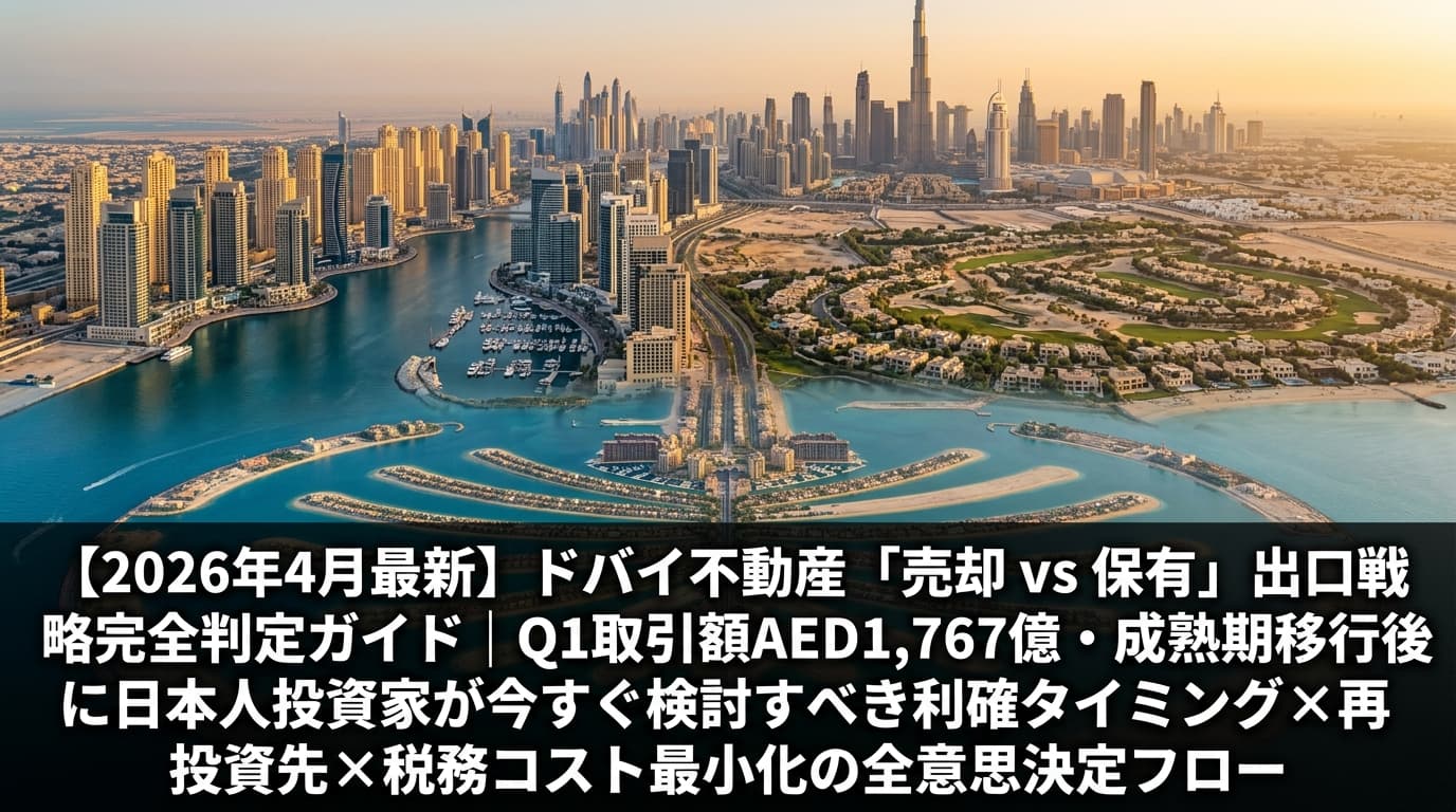 ドバイの多様な投資地区(パームジュメイラ、マリーナ、アラビアン・ランチェス、ダウンタウン)が層状に見える俯瞰的な光景。ゴールデンアワーの温かい光に包まれ、出口戦略に関する記事タイトルが画像下部に白文字で表示されている