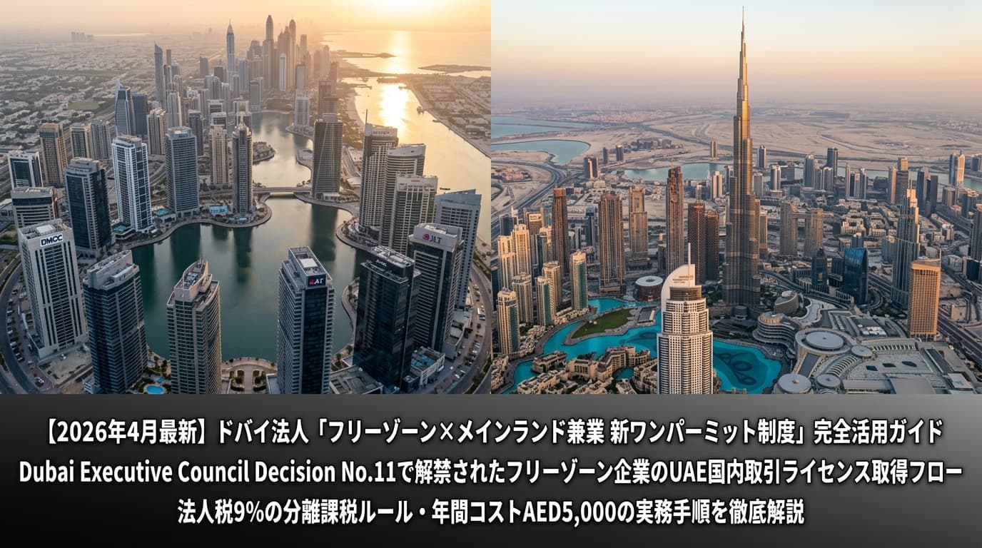 【2026年4月最新】ドバイ法人「フリーゾーン×メインランド兼業 新ワンパーミット制度」完全活用ガイド|Dubai Executive Council Decision No.11で解禁されたフリーゾーン企業のUAE国内取引ライセンス取得フロー・法人税9%の分離課税ルール・年間コストAED5,000の実務手順を徹底解説