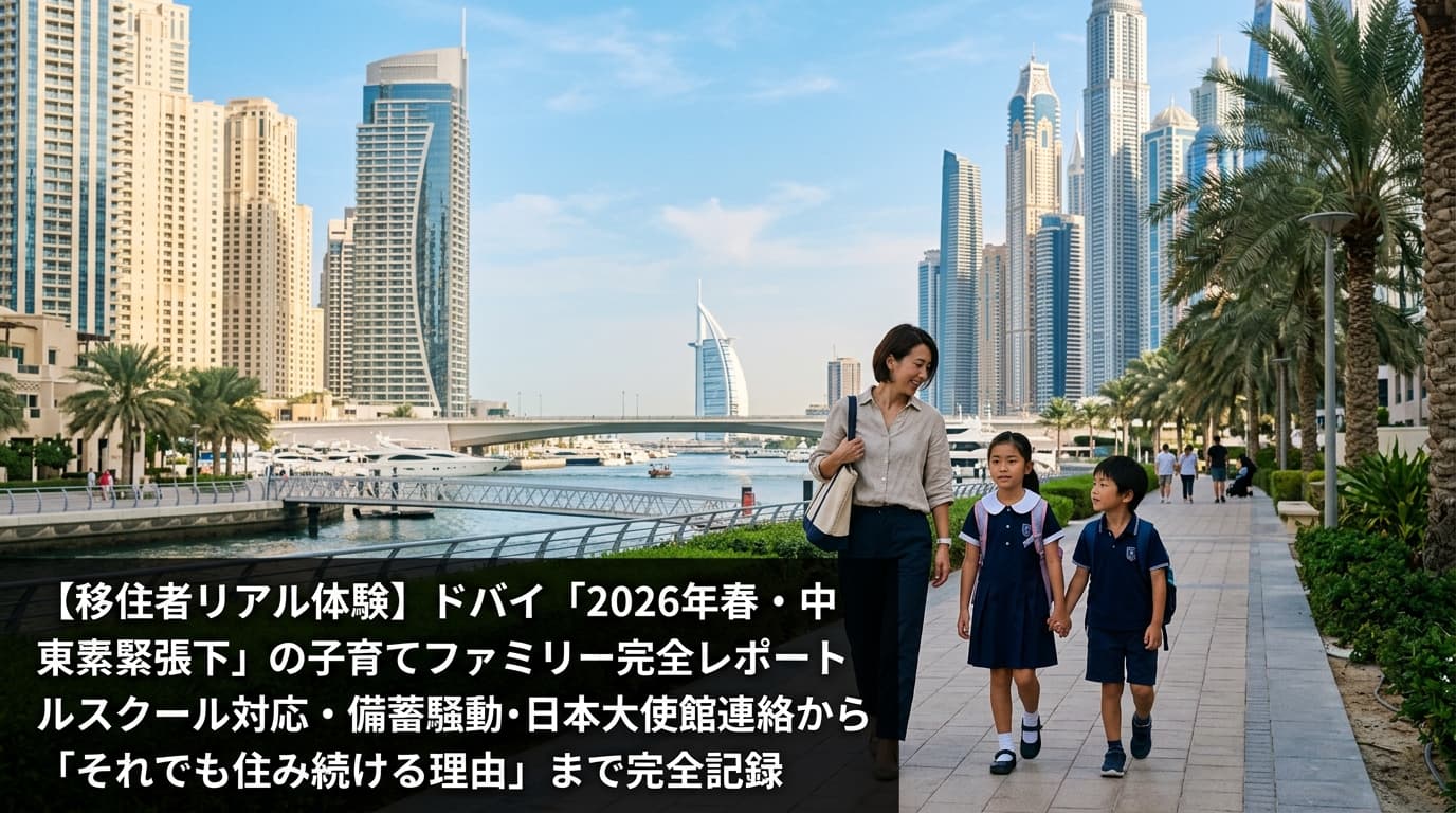 【移住者リアル体験】ドバイ「2026年春・中東緊張下」の子育てファミリー完全レポート|インターナショナルスクール対応・備蓄騒動・日本大使館連絡から「それでも住み続ける理由」まで完全記録