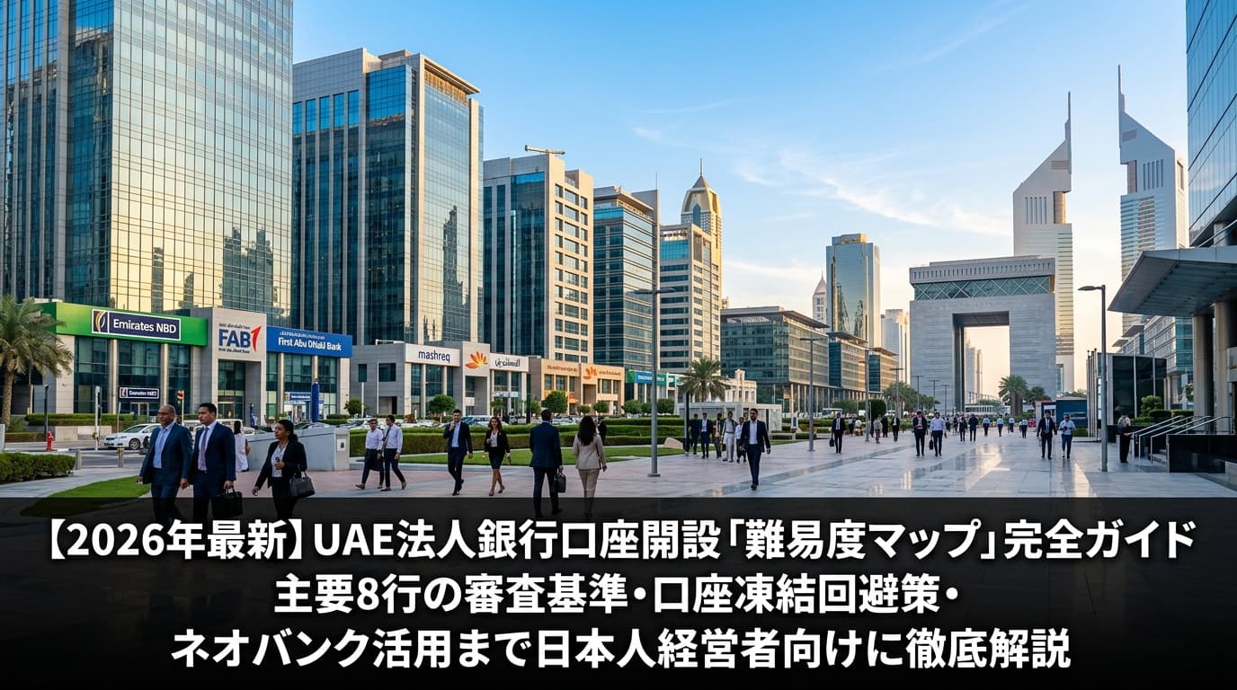 ドバイDIFCエリアの近代的なガラス張り高層オフィスビル群と銀行ロゴ、朝日の中でビジネスマンが歩いている